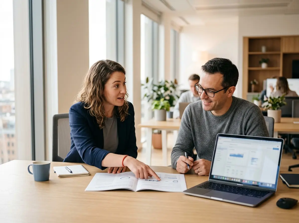 Two colleagues at a desk reviewing a printed report together beside an open laptop.