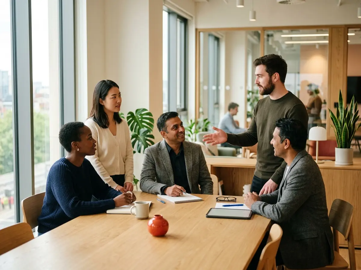 Four colleagues around a table in a bright office, one mid-sentence explaining something to the others.