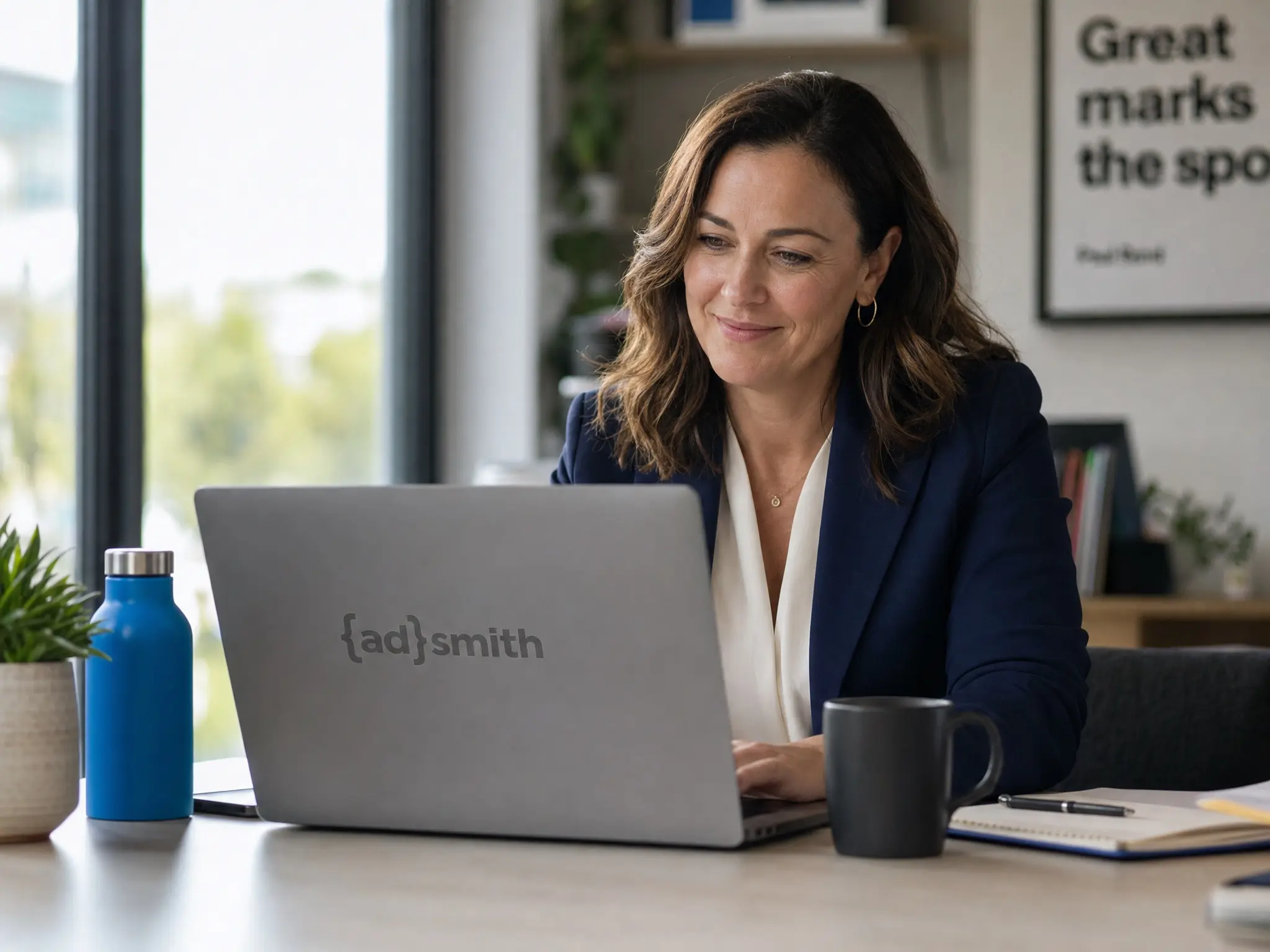 A marketing decision-maker reviewing a campaign performance dashboard on her laptop, the AdSmith mark on its lid.