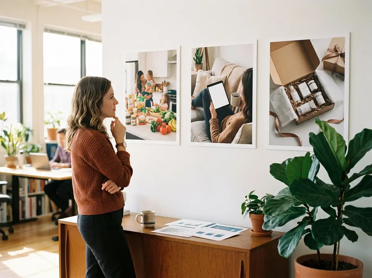 A strategist studying three campaign prints on her office wall - groceries on a family kitchen counter, a reader with a tablet and coffee, and an opened box of product samples.