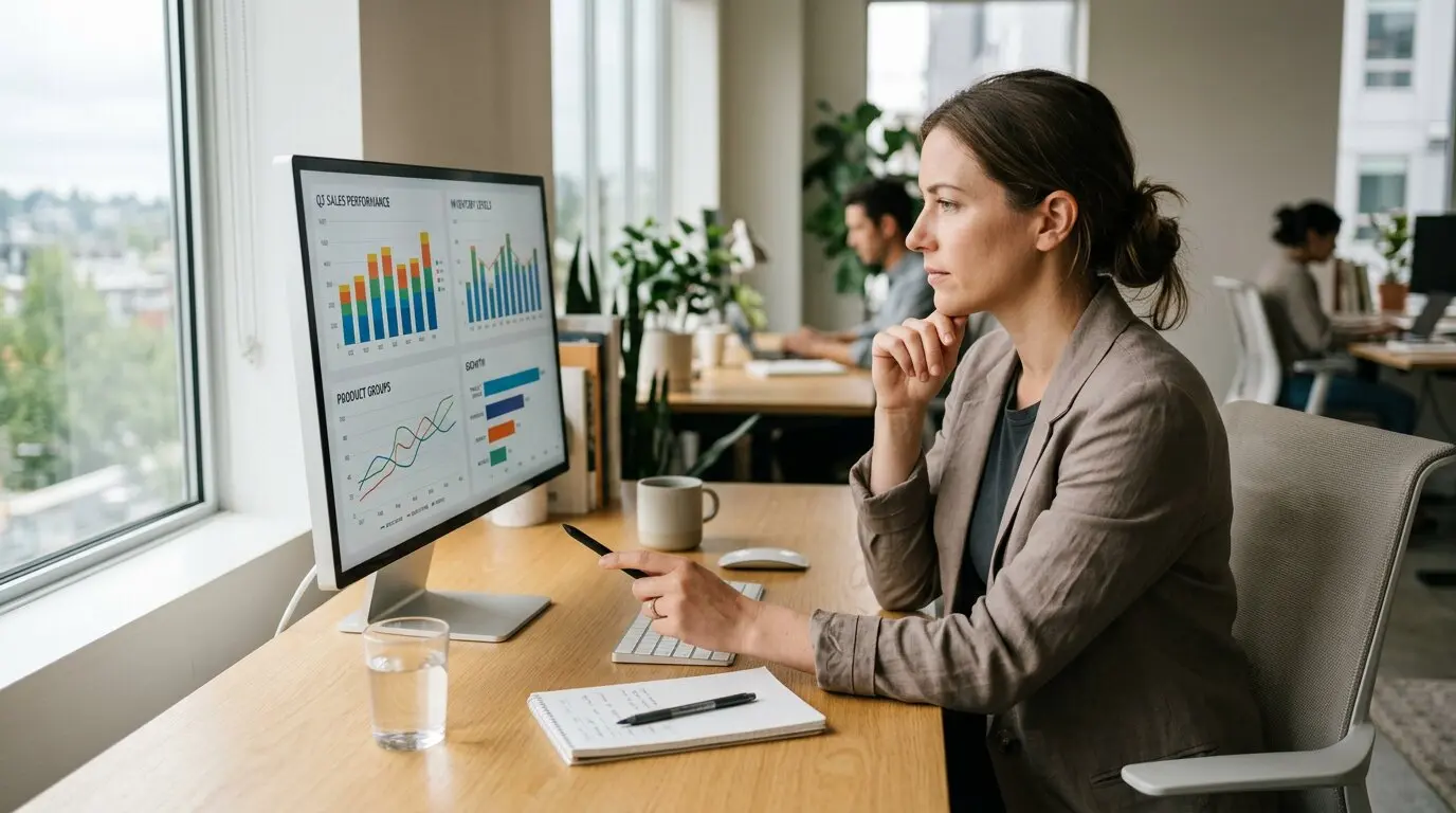 A marketer at her desk studying campaign performance charts on a large monitor.