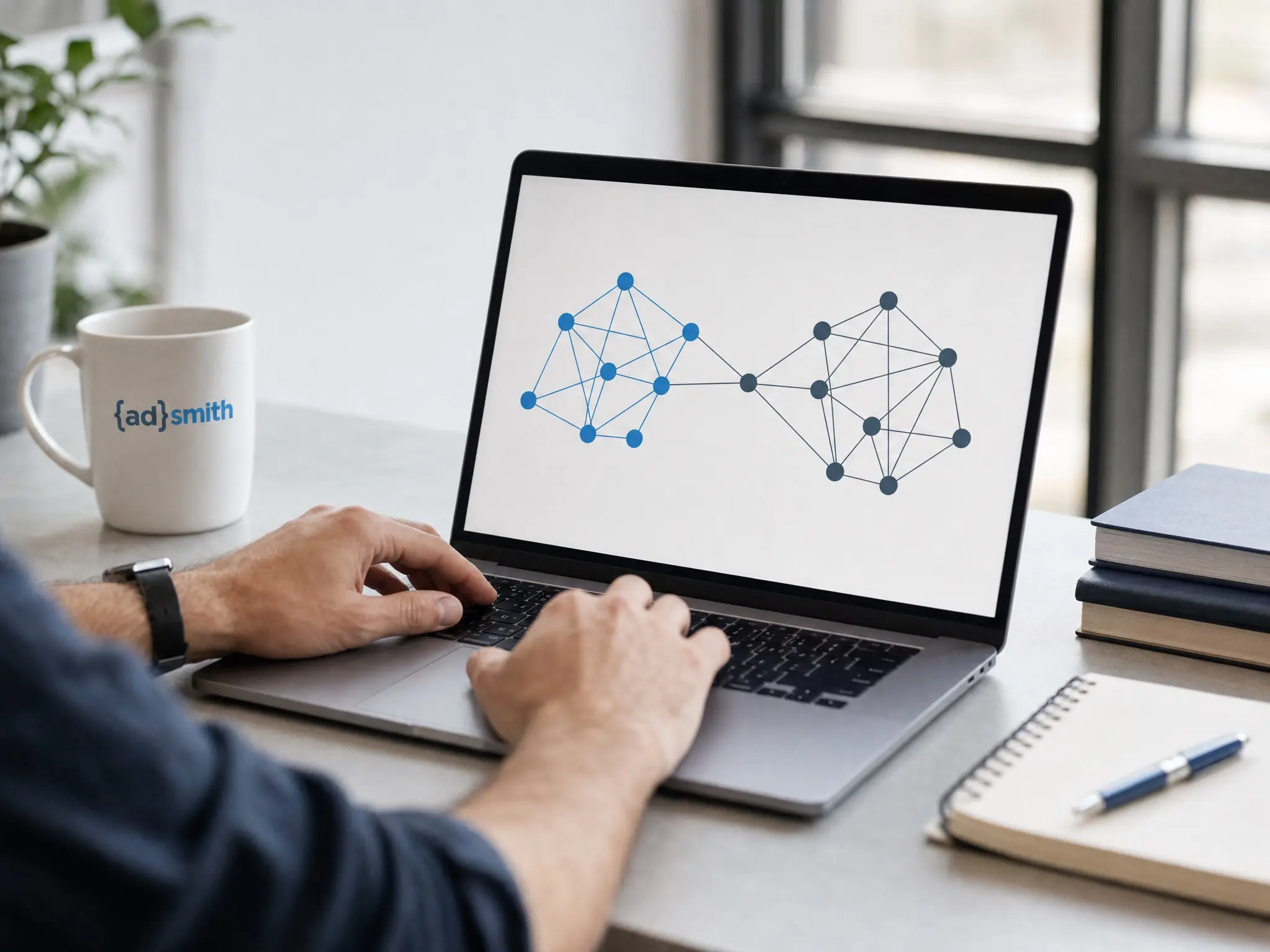 A person at a laptop showing a two-cluster network diagram connecting through a central hub, the AdSmith mark on the laptop lid.