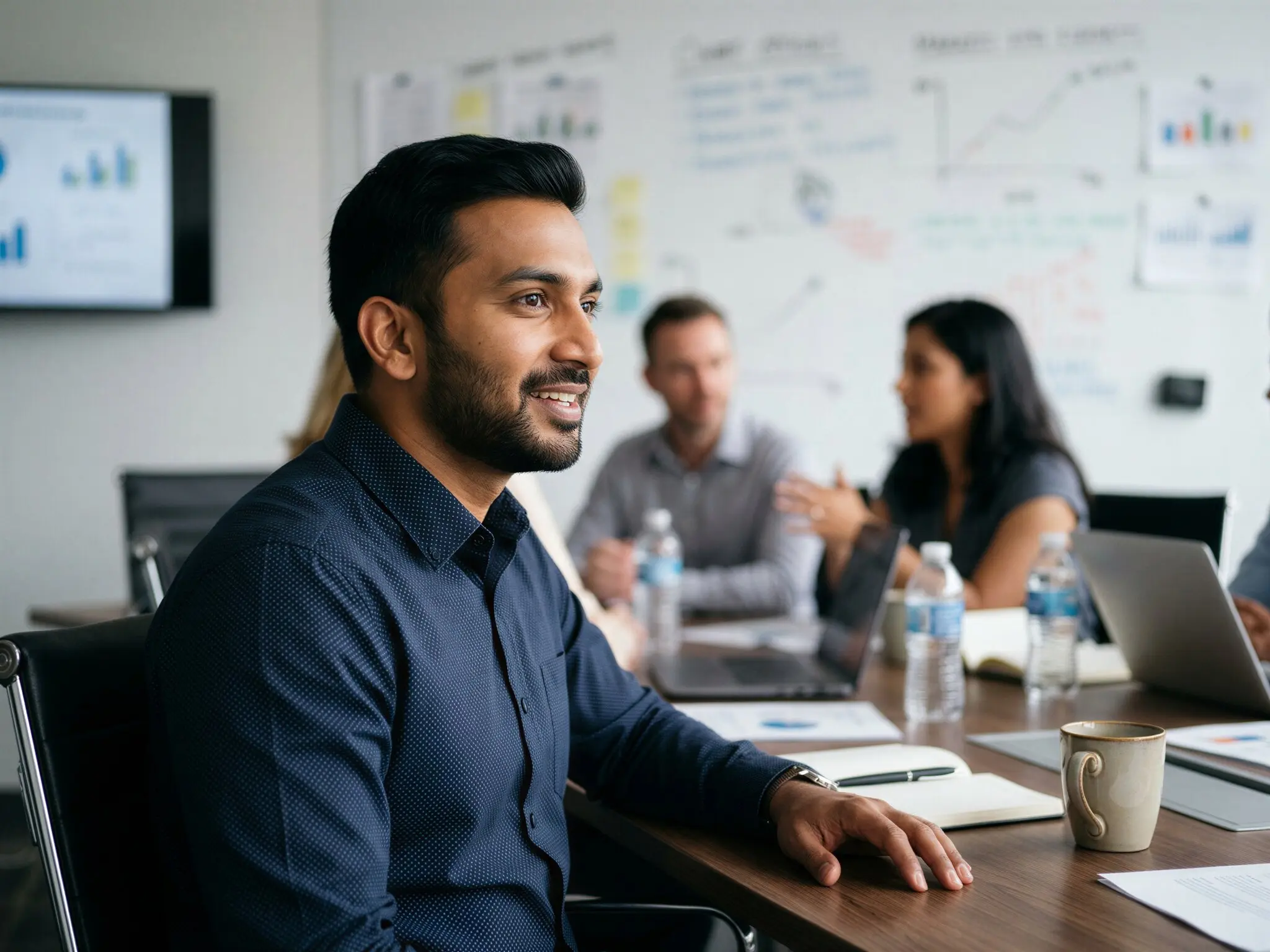 A publisher partner in a team meeting, printed charts on the table and a whiteboard of results behind him