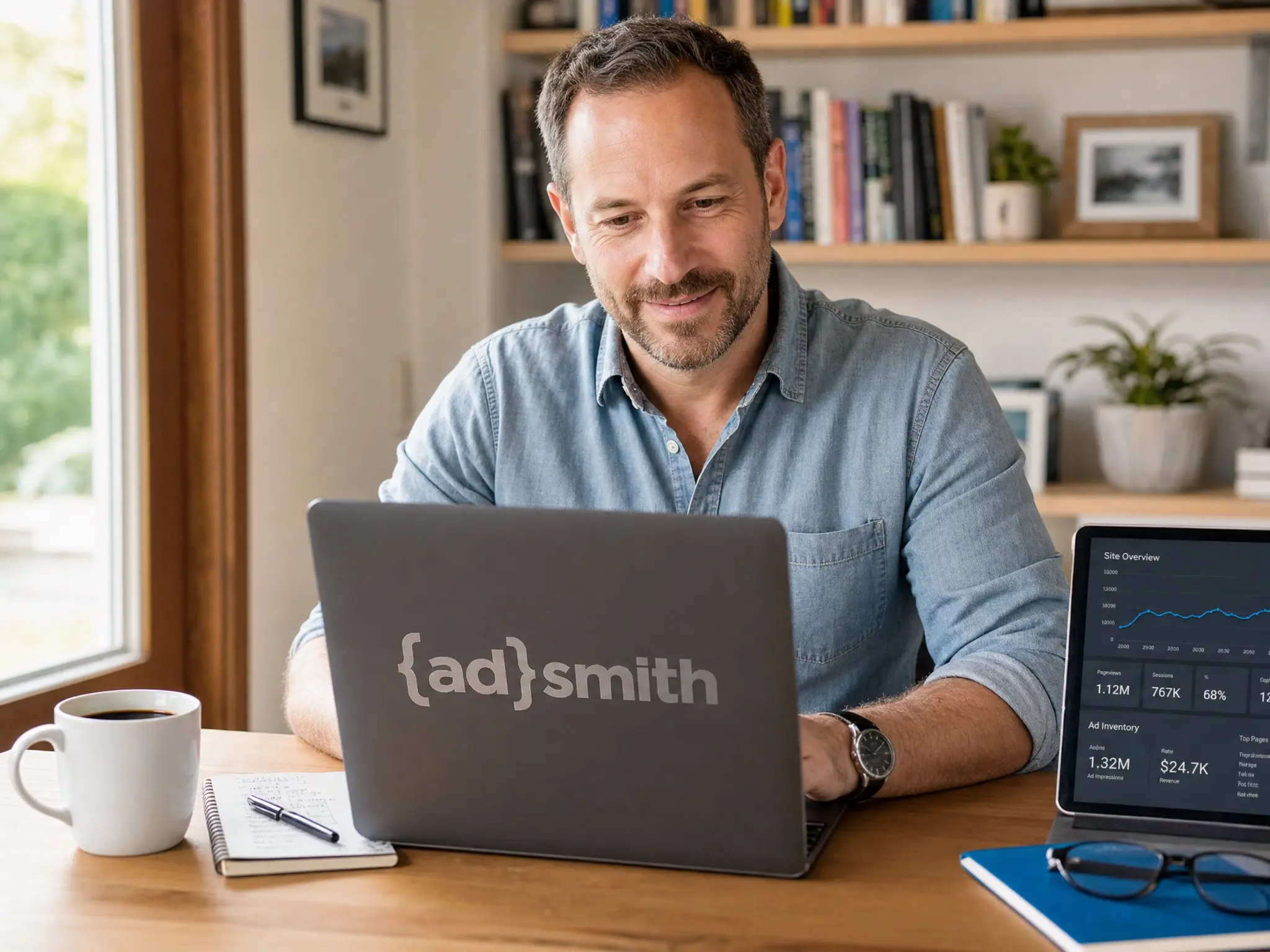 A publisher reviewing a site traffic and ad-inventory dashboard on his laptop and tablet, the AdSmith mark on the laptop lid.