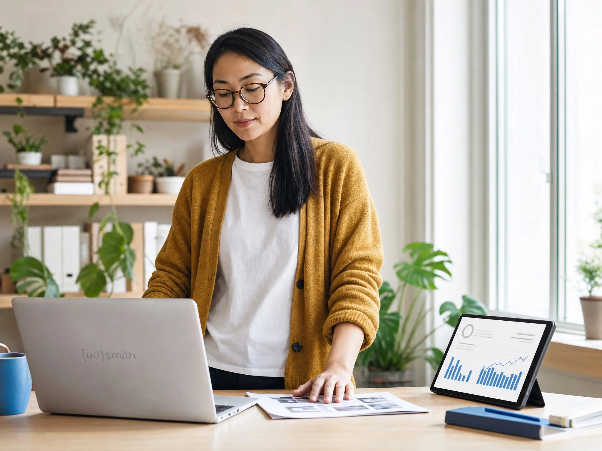 An independent site owner setting up her inventory at a standing desk, an advertiser-demand view open on the tablet beside her laptop.