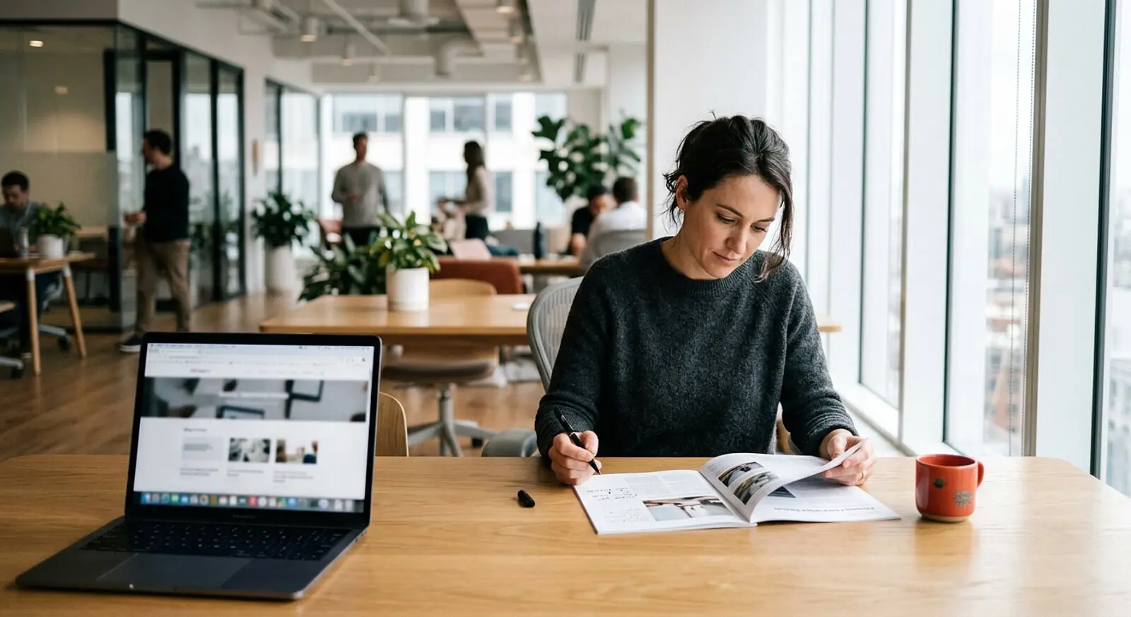 A person at a bright office desk reviewing a printed article layout beside an open laptop.