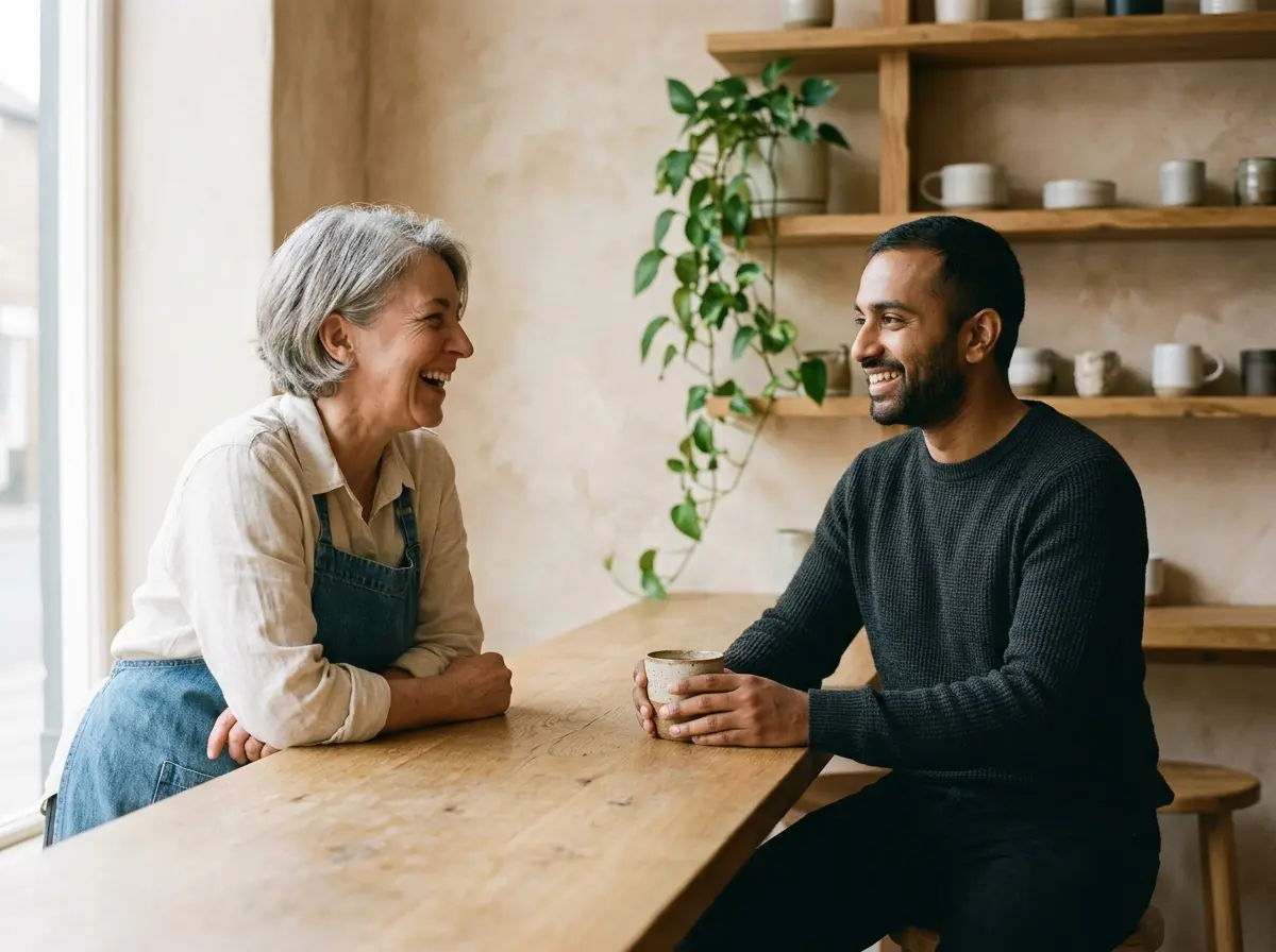A cafe owner in a denim apron leaning on the counter, laughing with a regular customer sitting across from her with a ceramic cup in his hands.