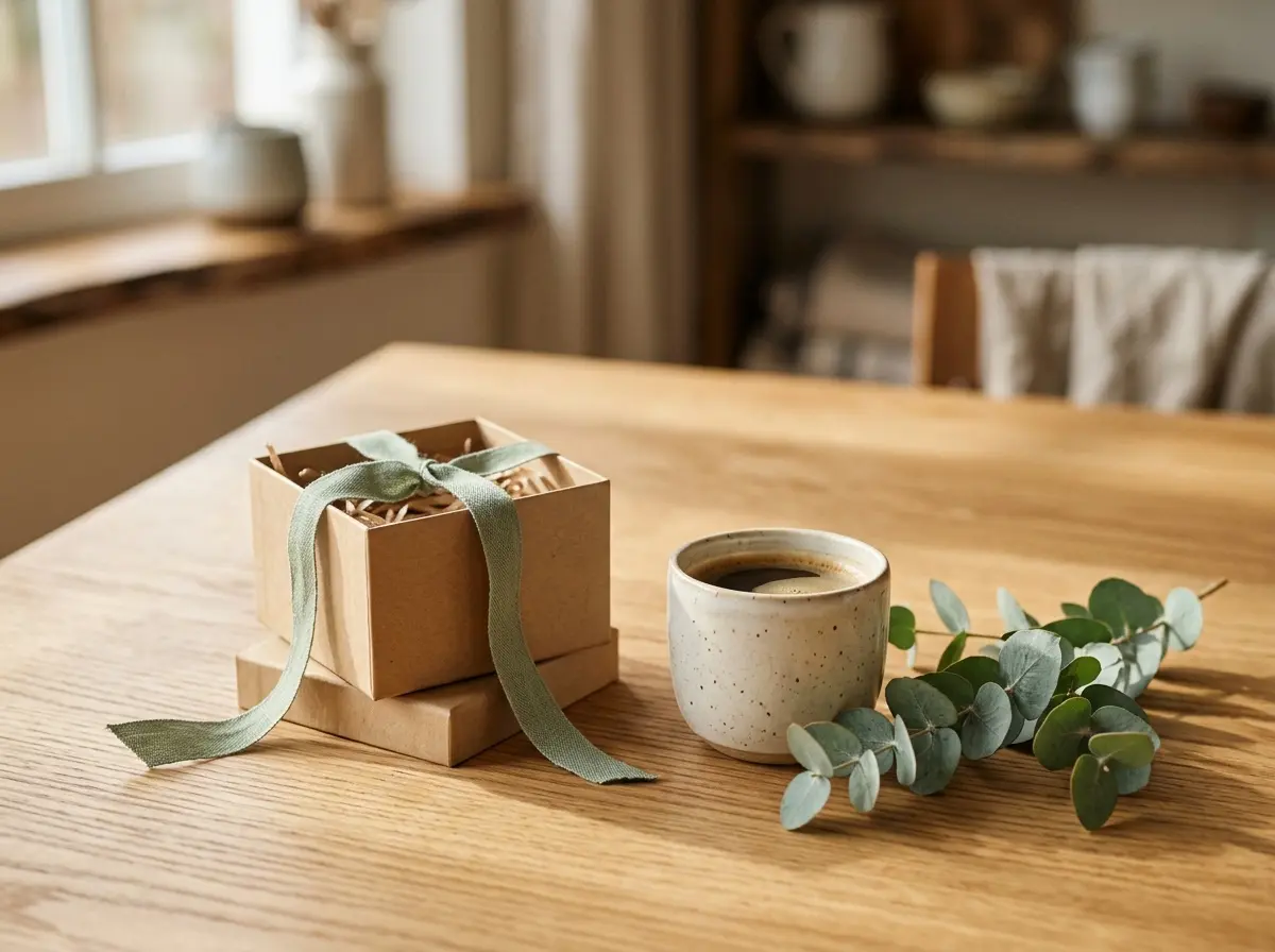 A small kraft gift box tied with a sage ribbon on a sunlit wooden table beside a cup of coffee.