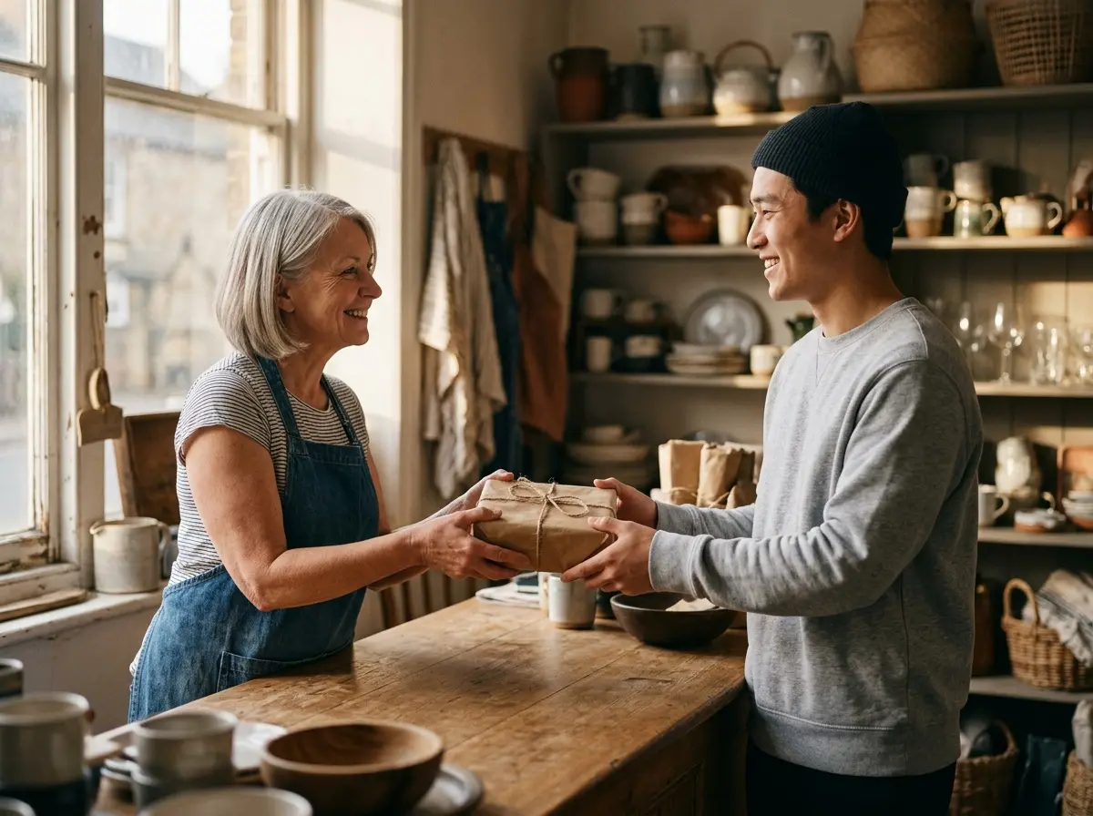 A shopkeeper handing a small parcel tied with twine across the counter to a customer, both smiling.