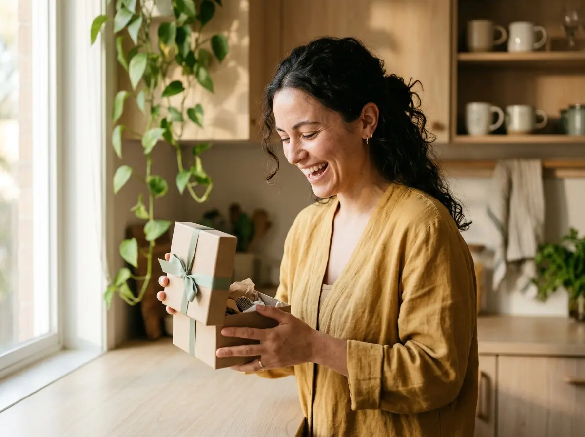 A customer at her sunlit kitchen counter, laughing as she opens a small ribboned gift box.