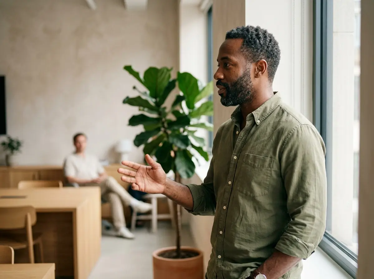 A loyalty lead by an office window, mid-conversation with a colleague about where the reward should sit.