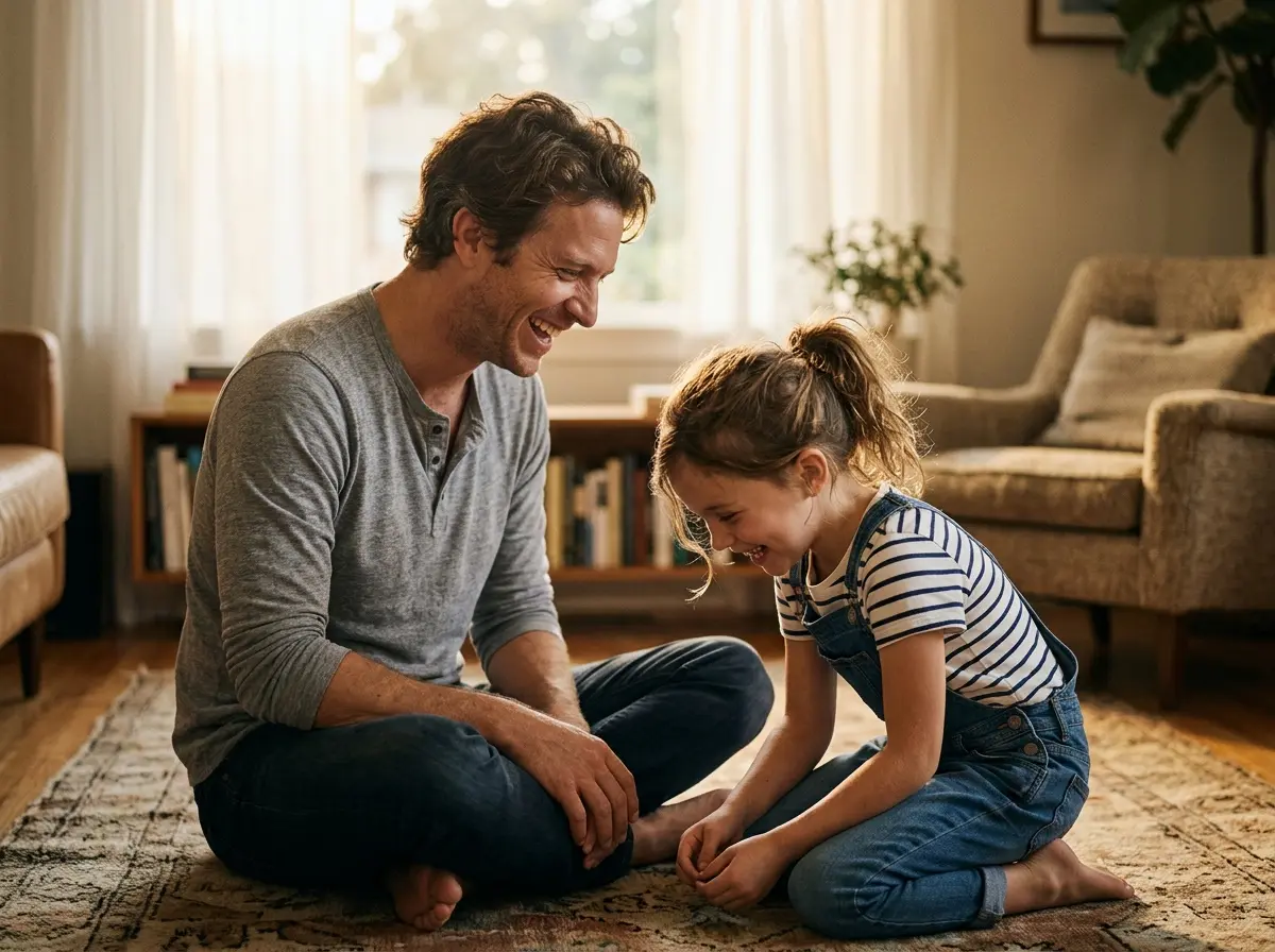 A father and his young daughter laughing together on the living-room floor.
