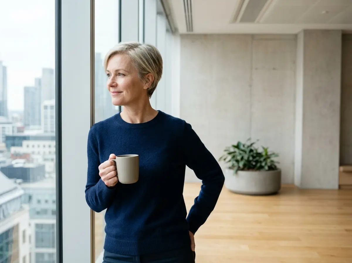 A loyalty director standing at an office window with a coffee, unhurried.