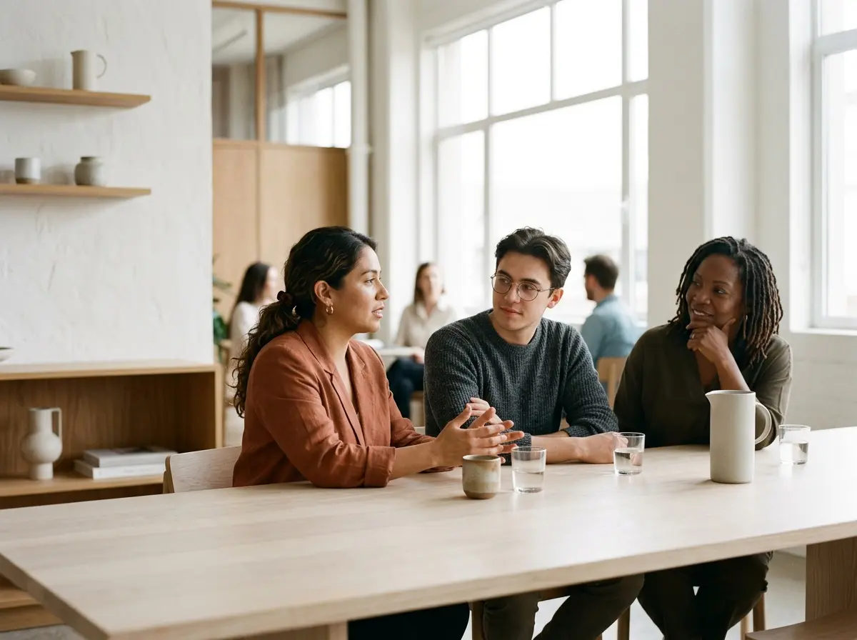 Three colleagues on a brand team talking through their customer journey around a bright studio table.