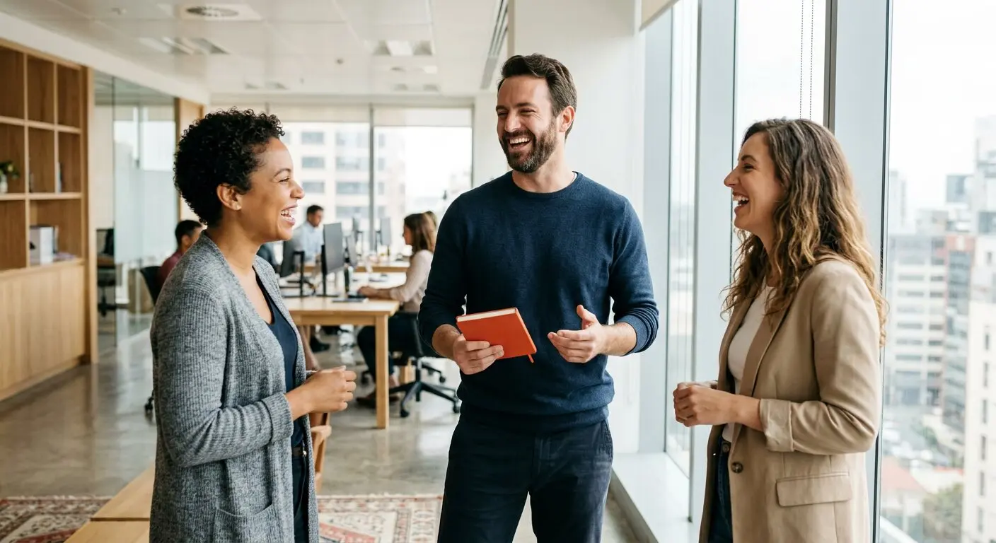 Three colleagues standing and laughing together during an informal conversation in a bright, sunlit office.