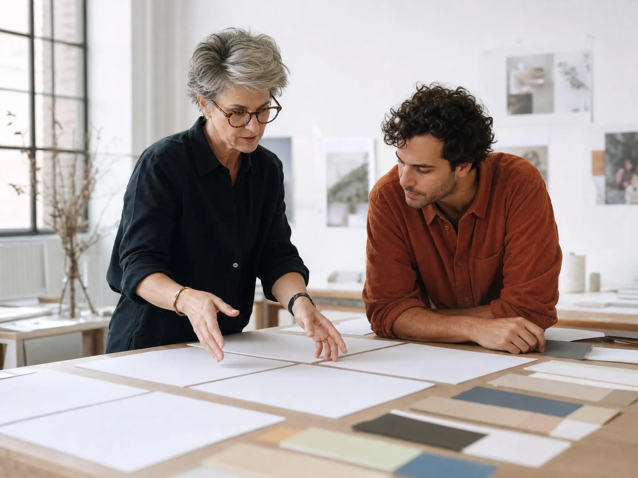 A ClicknRead producer walking an advertiser through ad-unit layouts at a studio table.
