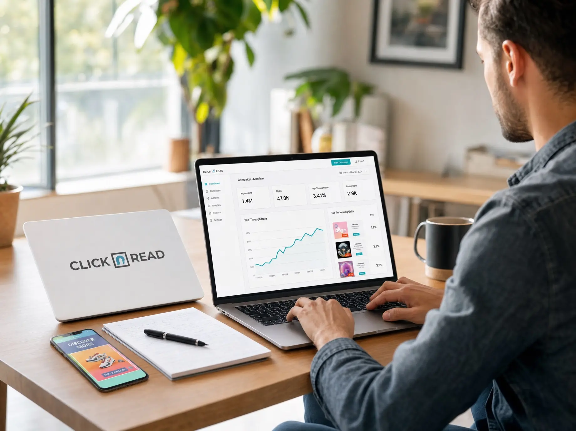 An advertiser reviewing a campaign tap-through-rate dashboard on his laptop at a desk, with the ClicknRead mark on a second laptop nearby in its true teal color.