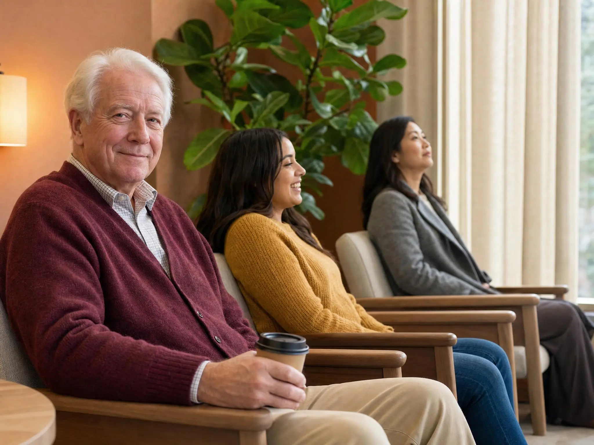 Three guests at ease in a bright waiting area, unhurried and in no rush to leave.