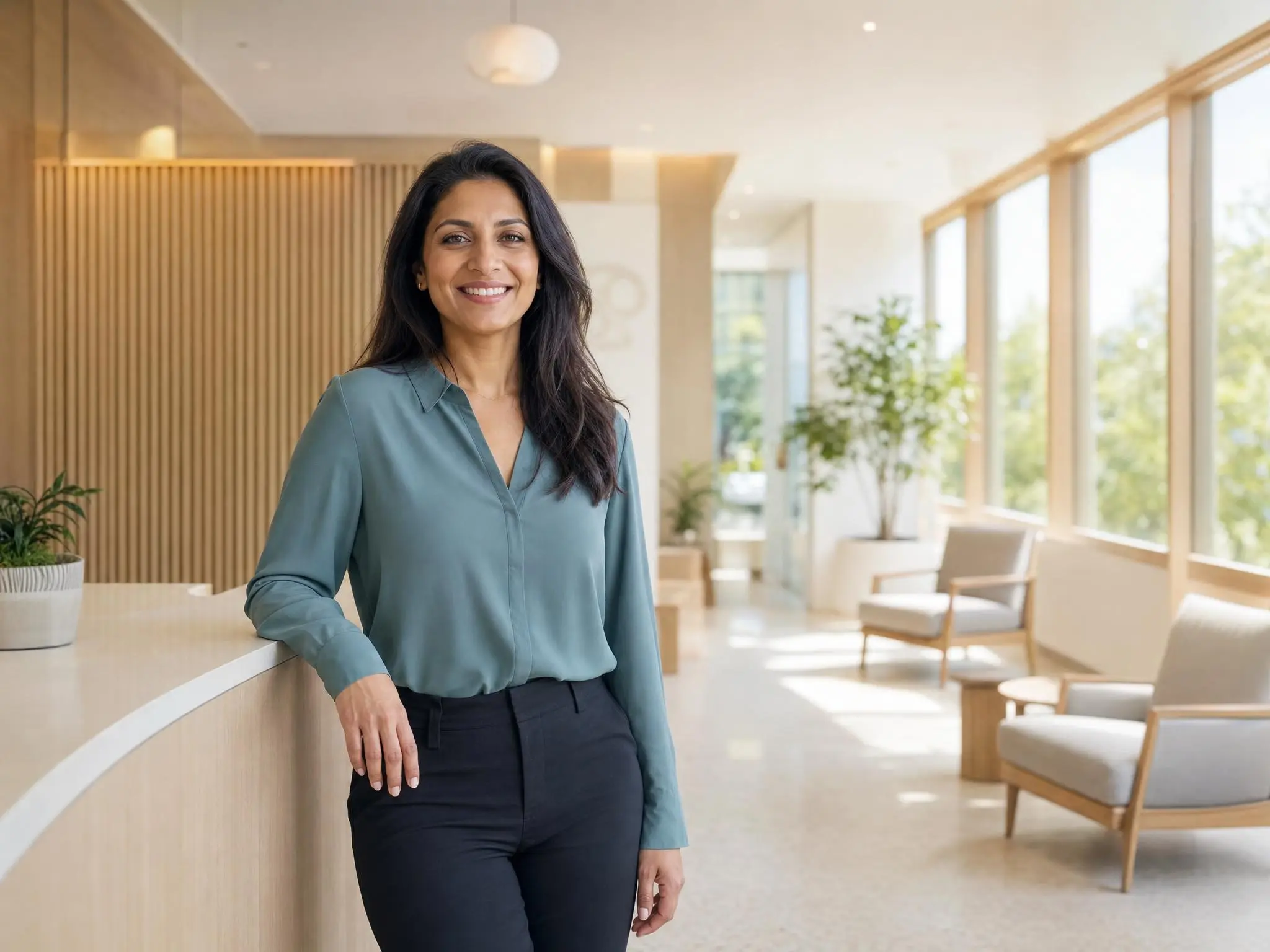 A clinic manager standing in the reception area of her practice on a bright morning.