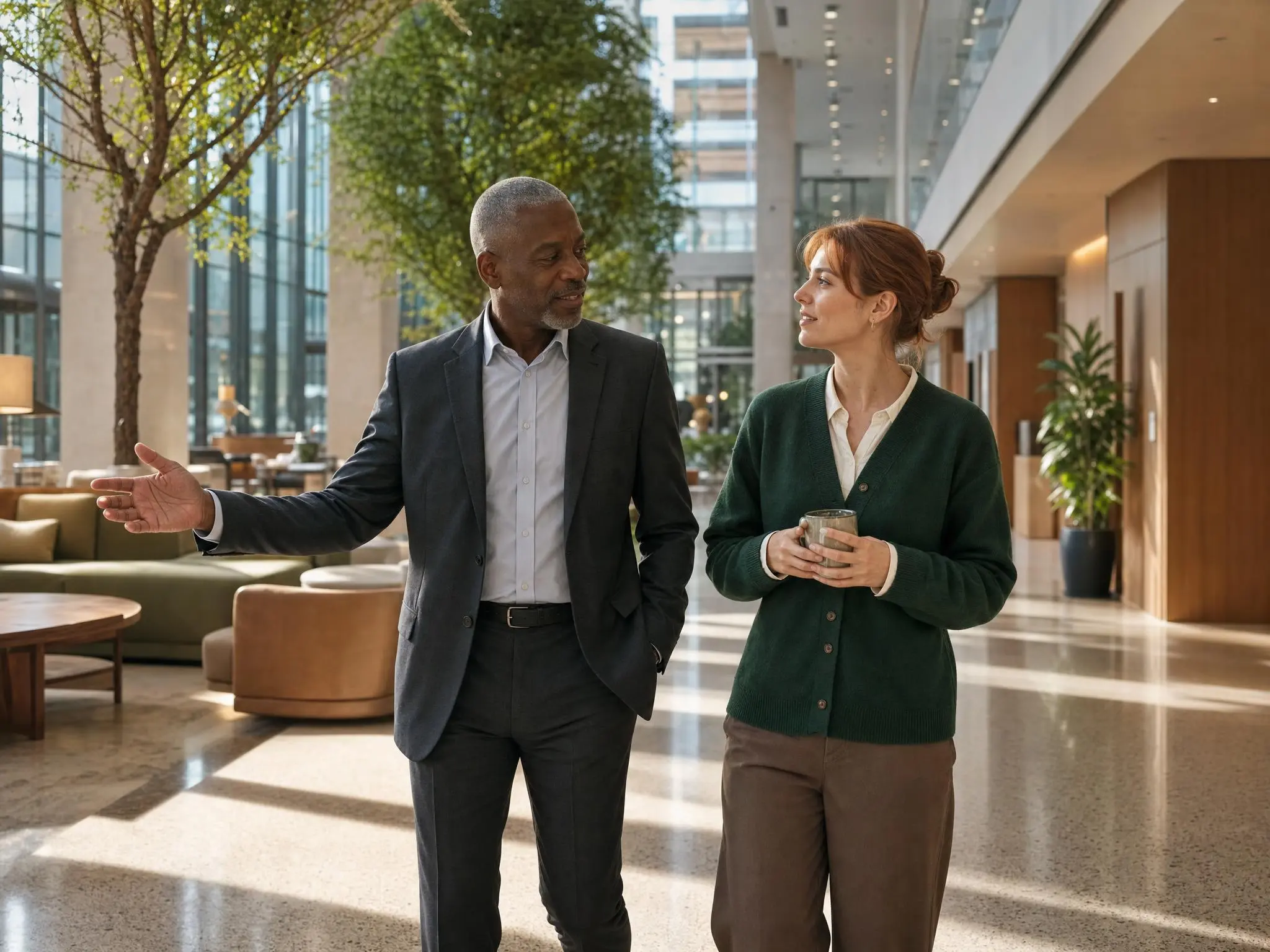 A ClicknRead consultant walking a hotel operator through her lobby, talking about where guests actually settle.