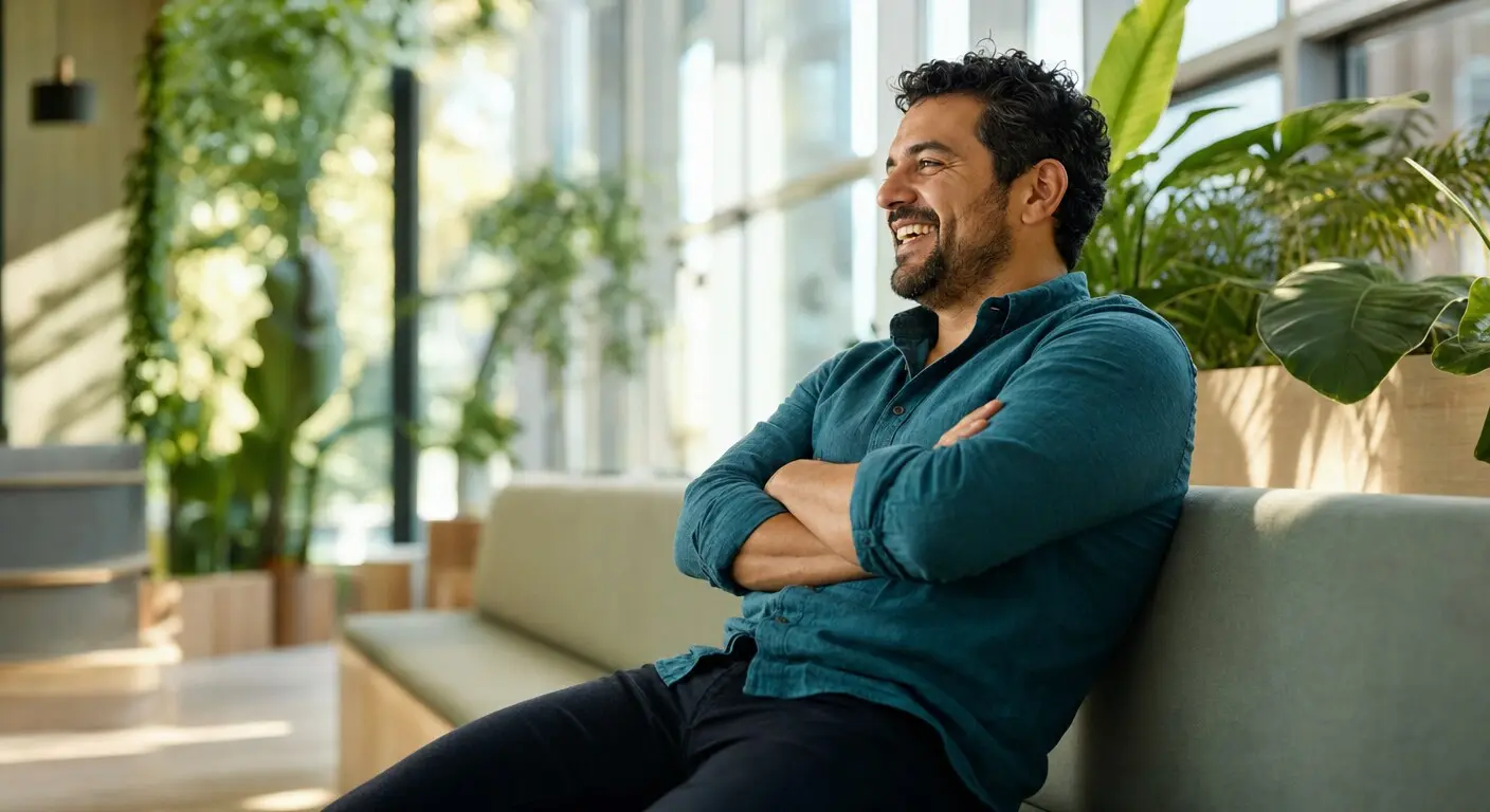 A man in a teal shirt sitting back on a low bench in a sunlit lounge, laughing at something off to one side.