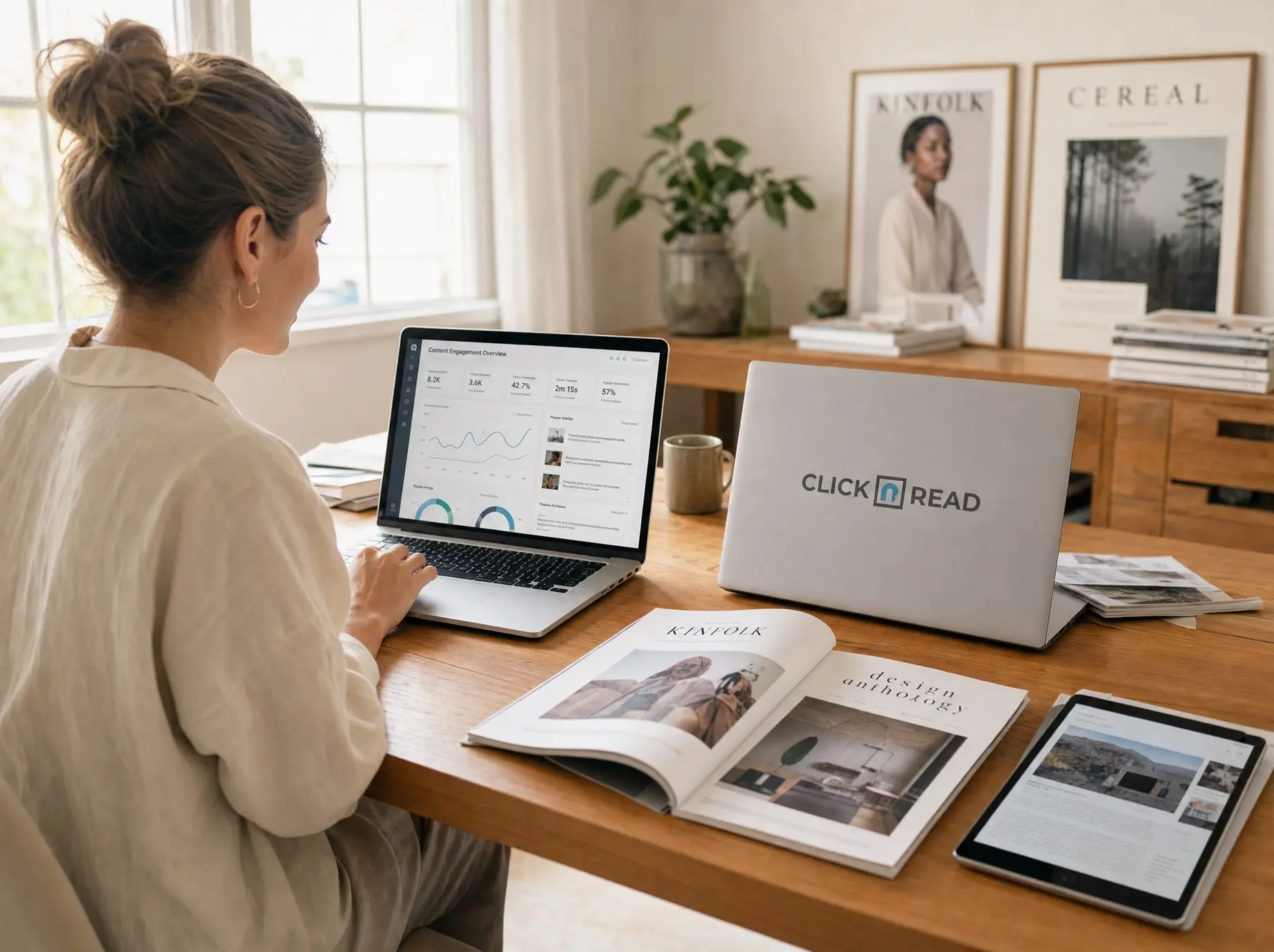 A publisher reviewing a content-engagement dashboard on her laptop at a bright home desk, with the ClicknRead mark on a second laptop's closed lid in its true teal color.