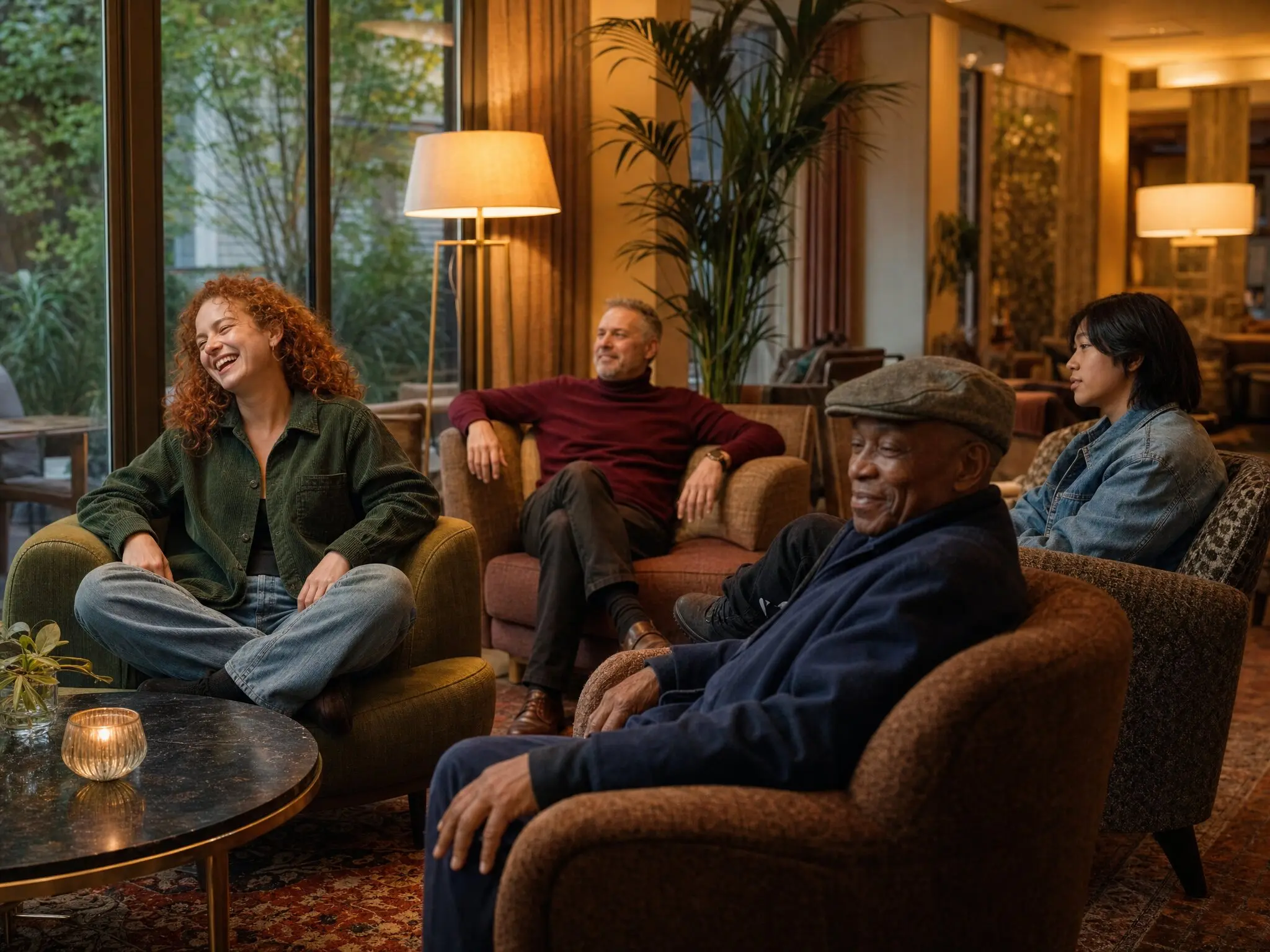 Four people of different ages relaxing in armchairs in a warmly lit lounge, one of them laughing.