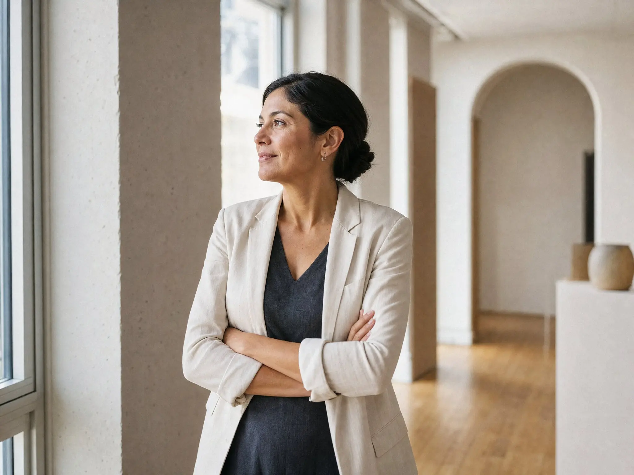 A woman pausing in a bright studio corridor, looking off-frame with quiet approval.