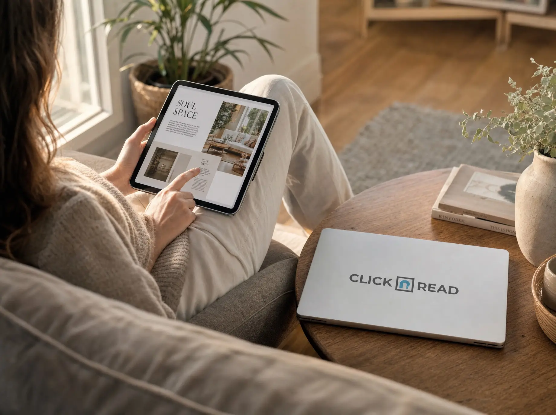 A reader tapping through an interactive digital magazine spread on a tablet in a sunlit reading nook, with the ClicknRead mark on a laptop lid on the side table in true teal color.