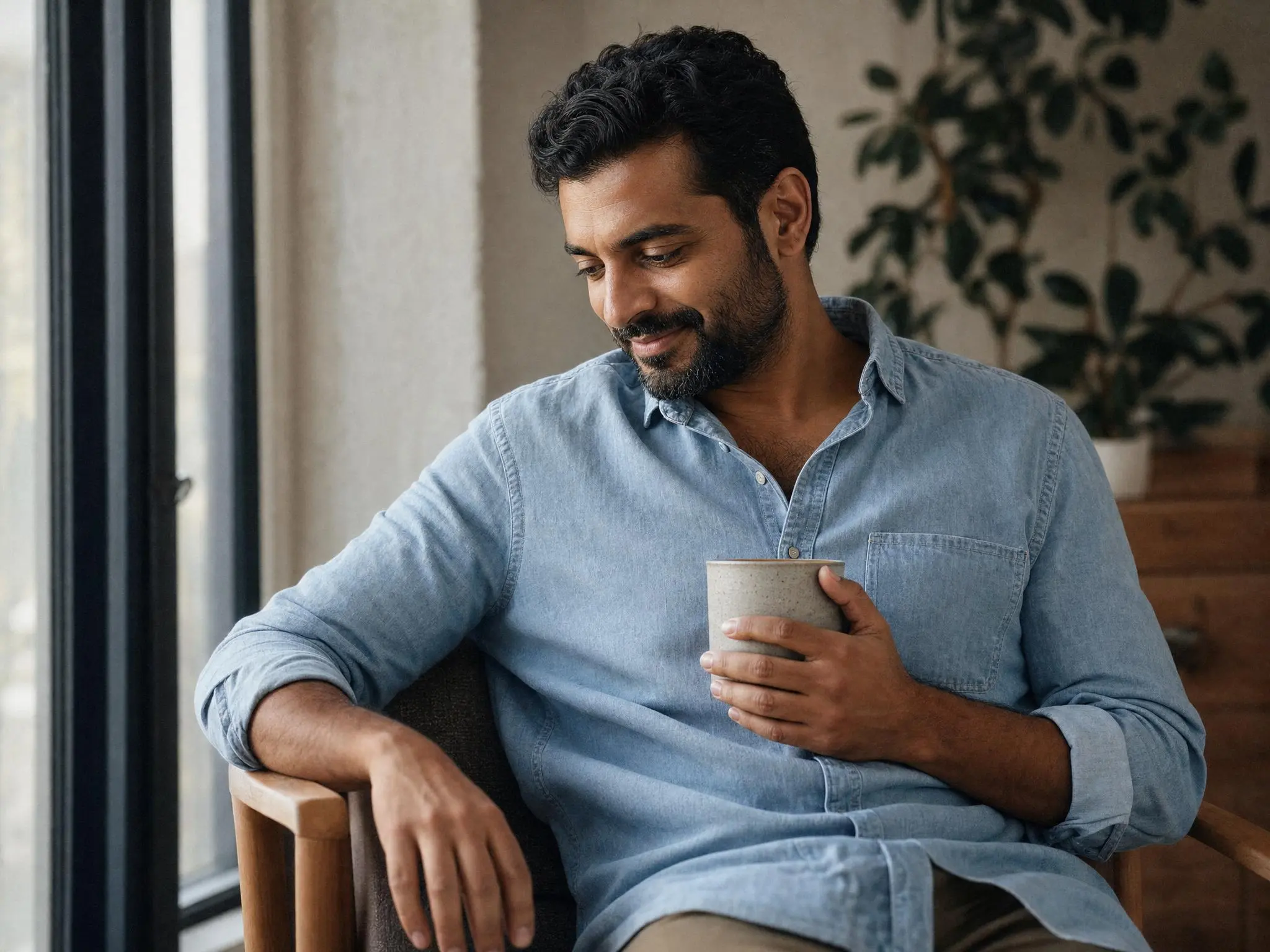 A reader sitting in an armchair by a sunlit apartment window, smiling to himself at something he has just read.