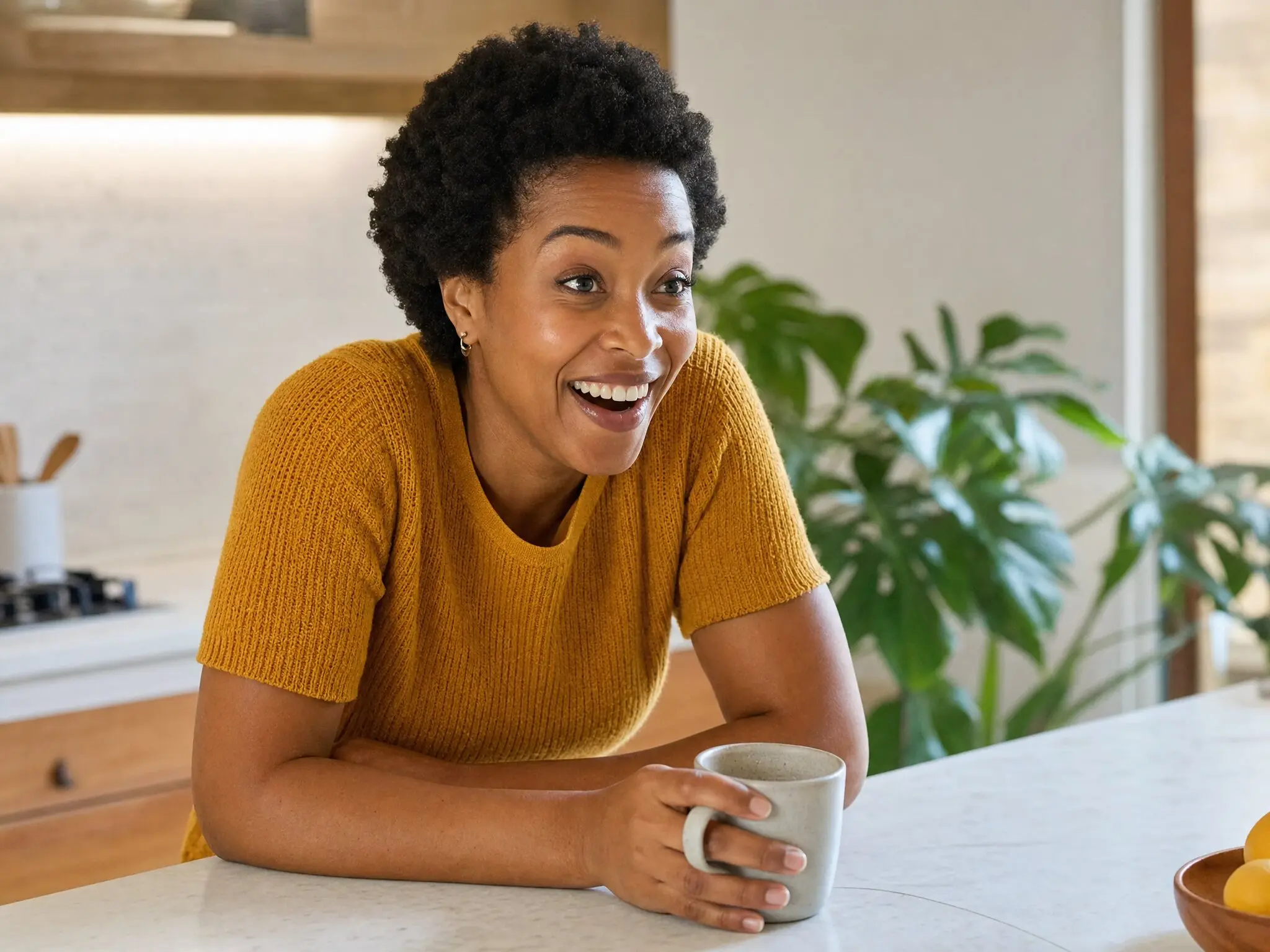 A reader leaning on a kitchen counter, caught mid-laugh at something she has just come across.