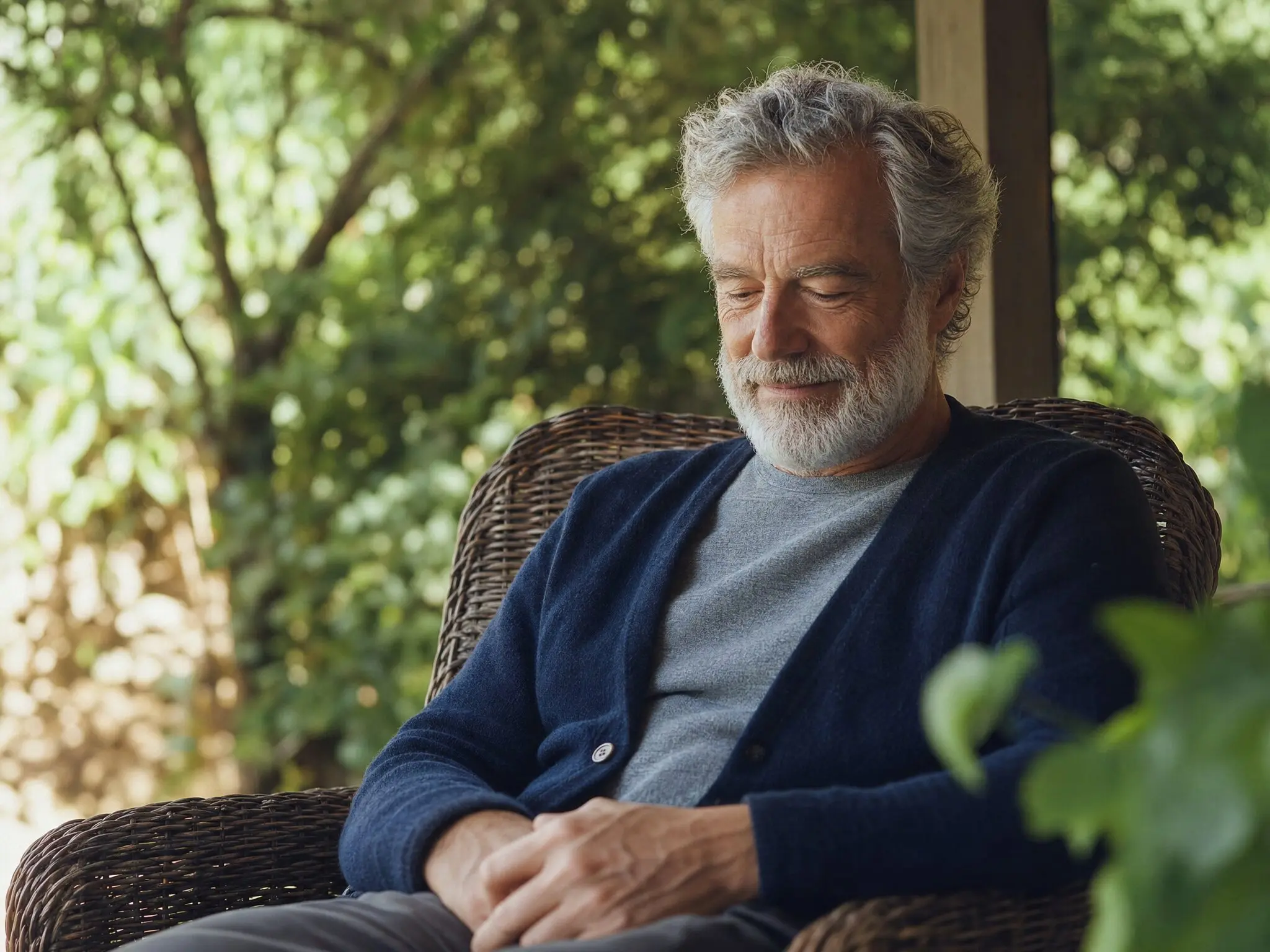 An older man sitting back unhurried in a garden chair on a shaded porch.