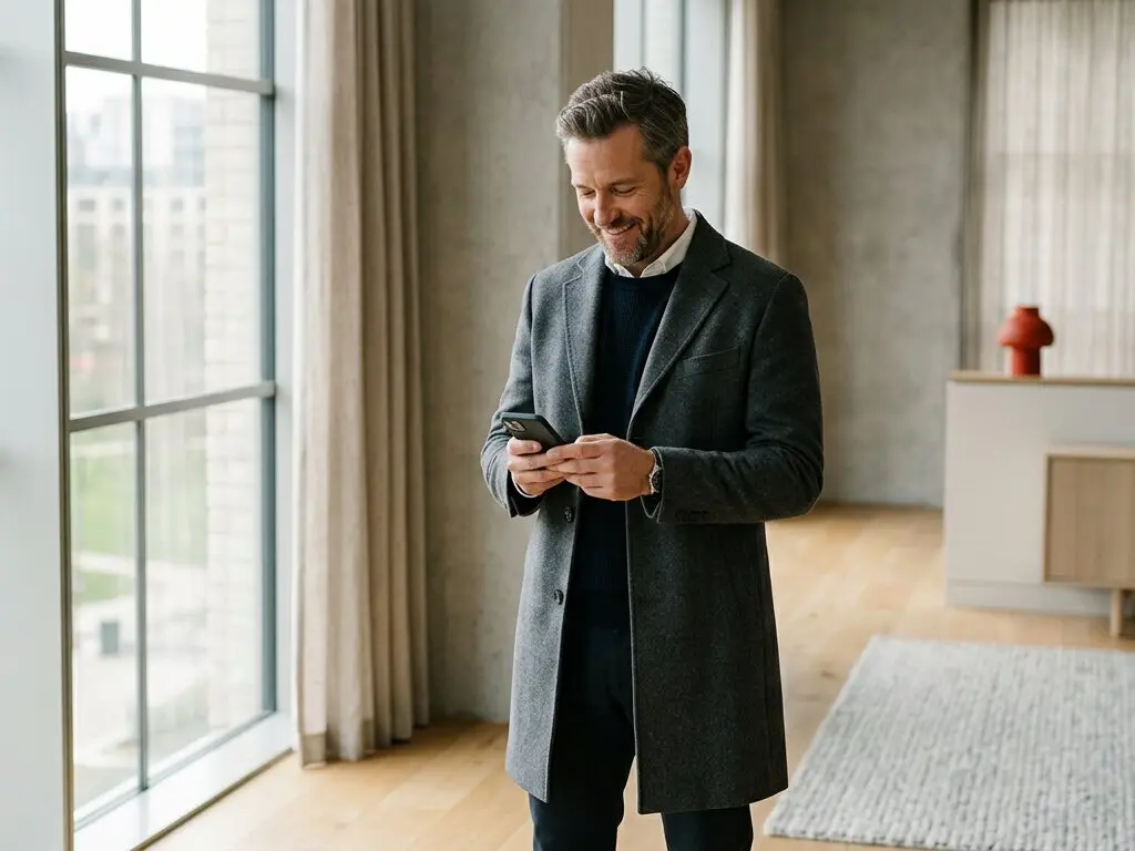 A man in a tailored overcoat reading something on his phone by a bright window.