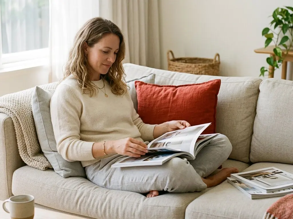A woman on a sofa in a bright living room, leafing through a magazine.