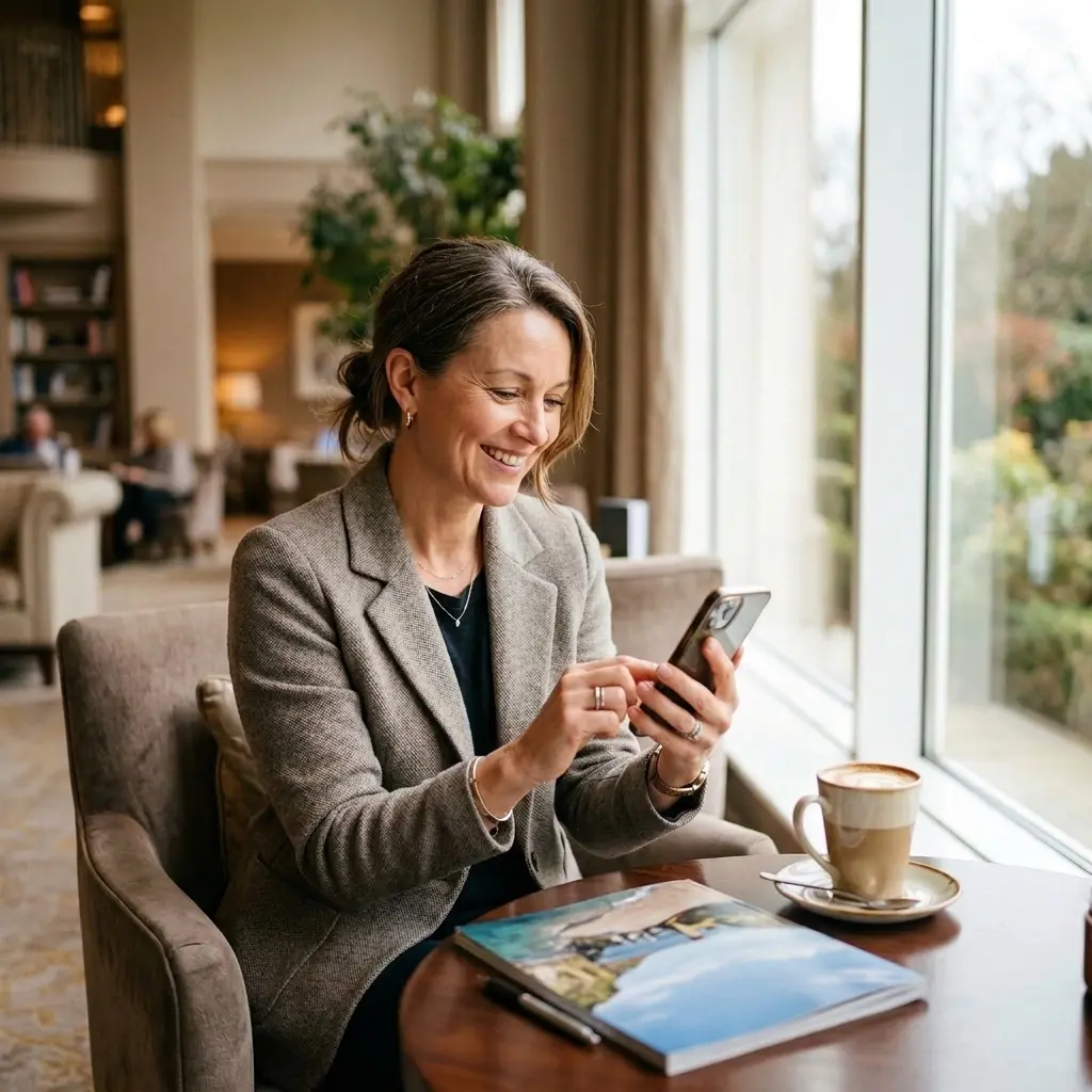 A smiling woman in a hotel lounge reading her phone, a cappuccino and a travel magazine on the table beside her.