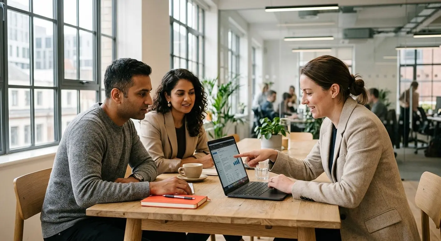 Three colleagues around a laptop at a bright office table, one pointing something out on screen.
