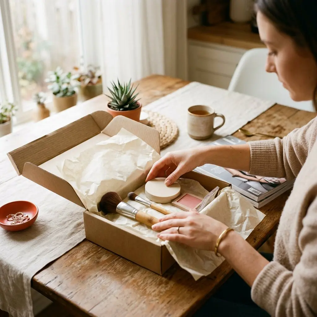 A woman unpacking a beauty order at a kitchen table, makeup compacts and brushes in tissue paper, with a magazine beside the box.