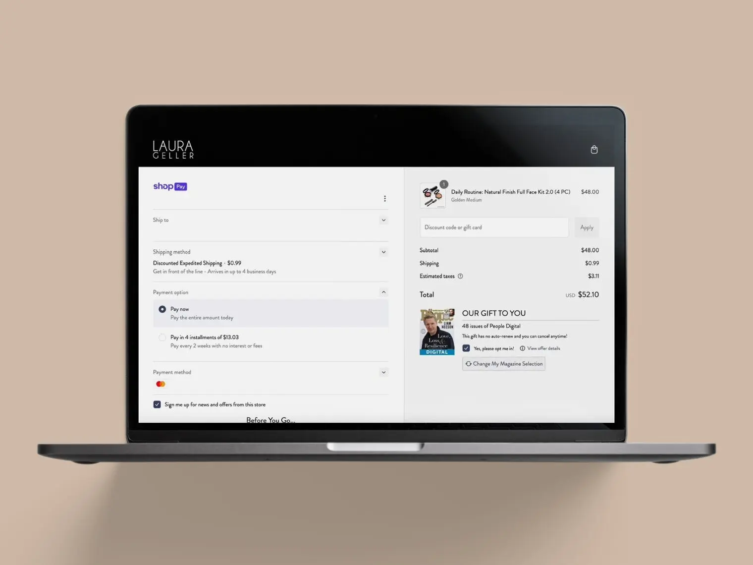 A laptop showing Laura Geller's Shop Pay checkout. Under the order total, a bPerx module reads "Our gift to you: 48 issues of People Digital", with a ticked opt-in box and a button to change the magazine.