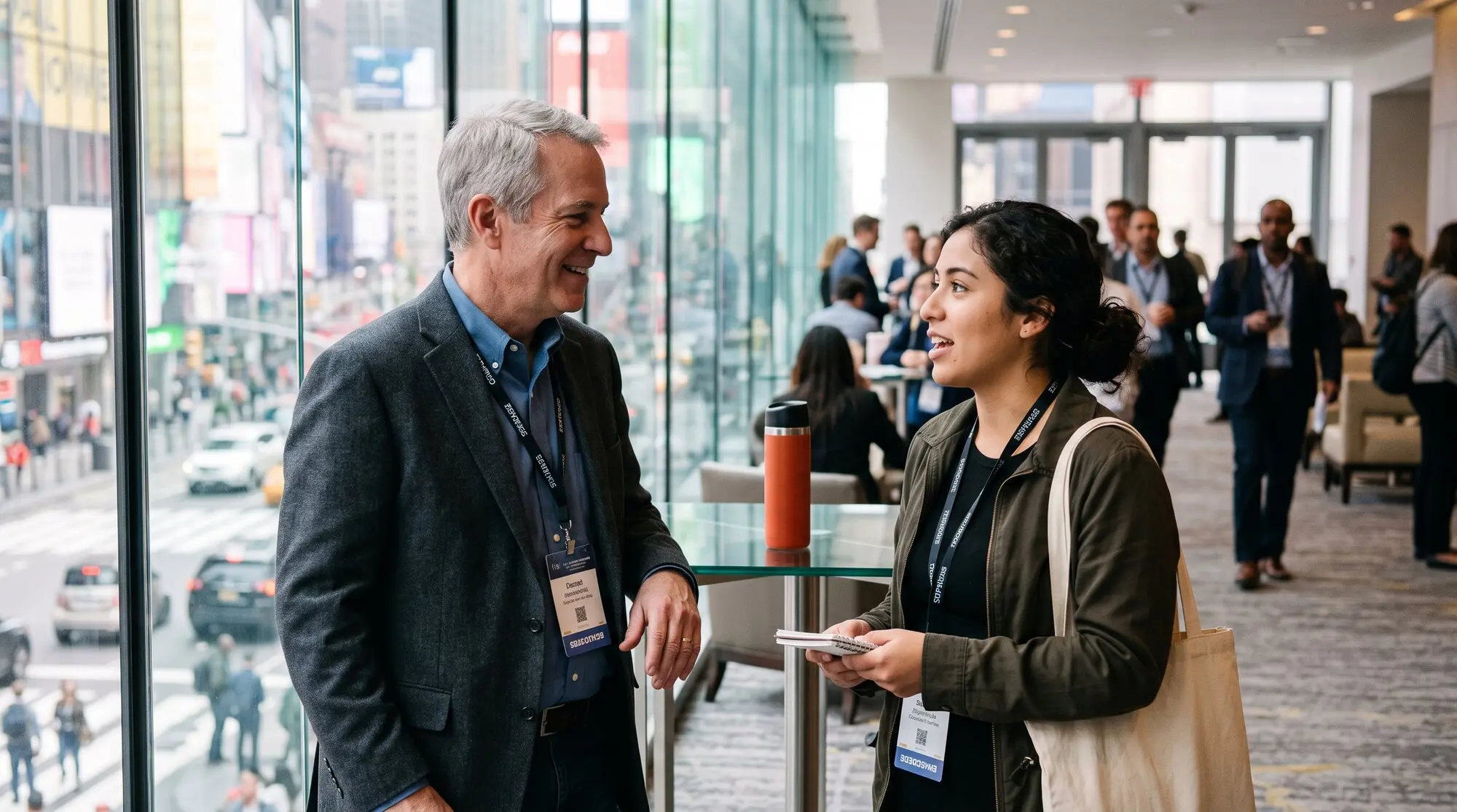 A gray-haired man and a young woman with a canvas tote mid-conversation by the windows of a conference level above Times Square.