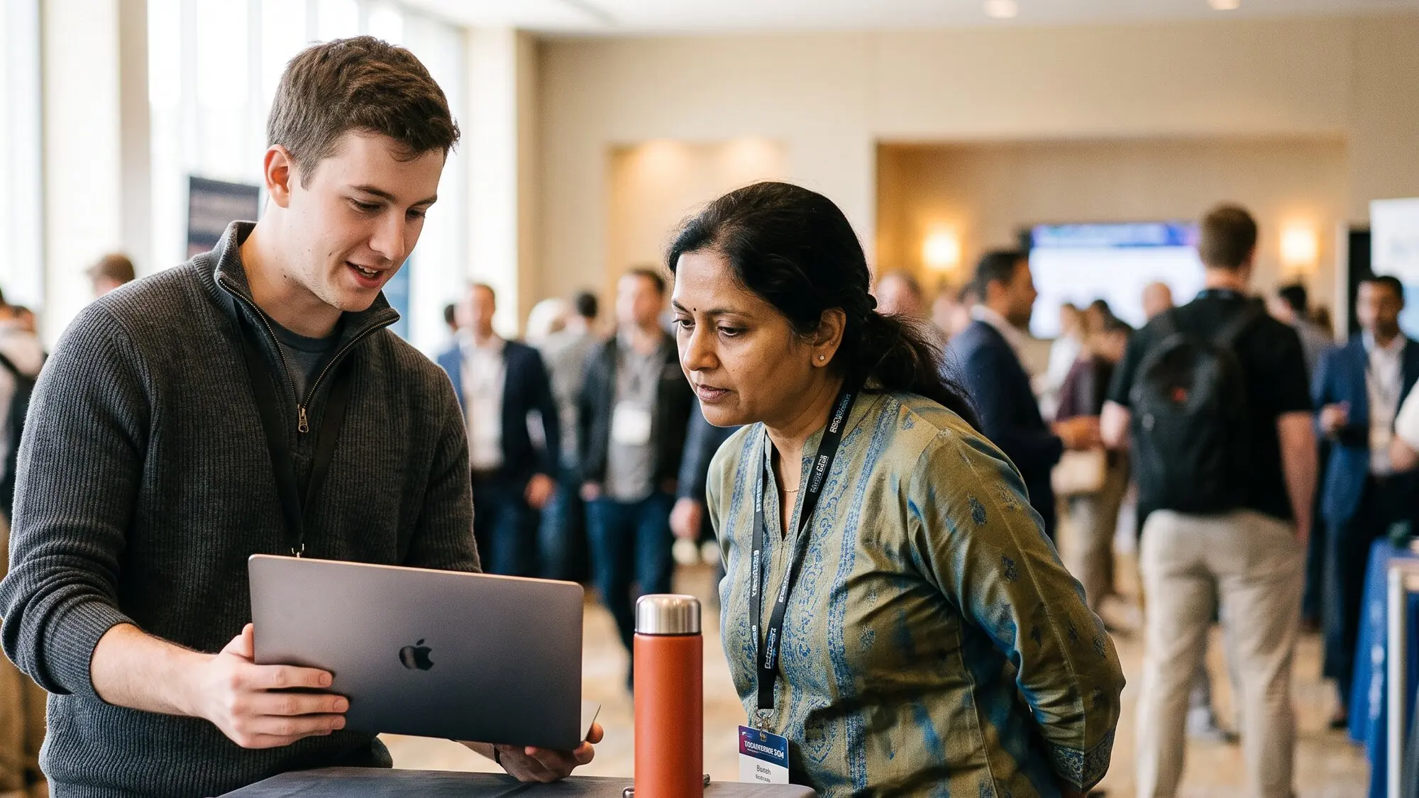 A young man showing a laptop screen to a woman at a small exhibitor table on a busy expo floor.
