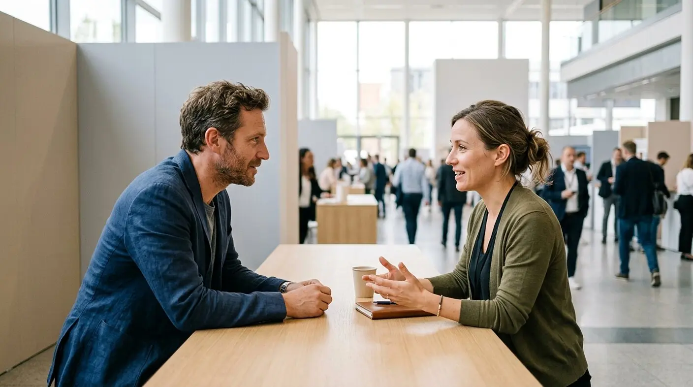 Two colleagues talking across a table at a bright convention hall, other attendees moving in the background.