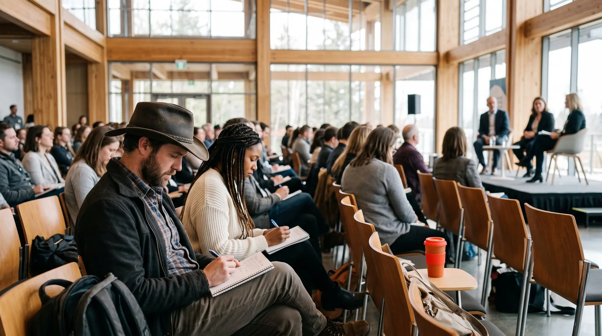 Audience members taking notes in a bright timber-and-glass conference hall, a panel on stage in the distance.