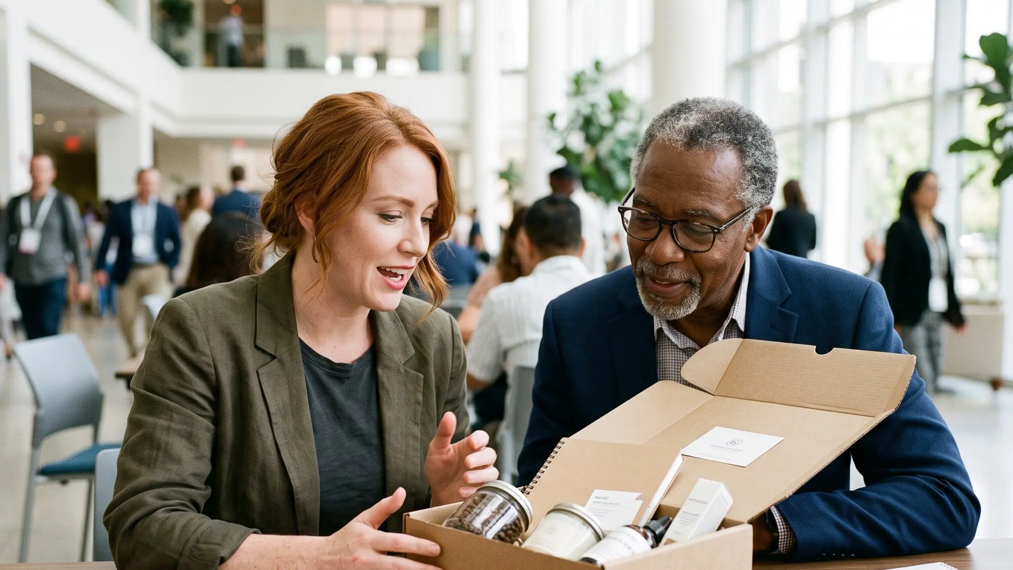 Two founders at a conference table looking into an open subscription box of curated products.
