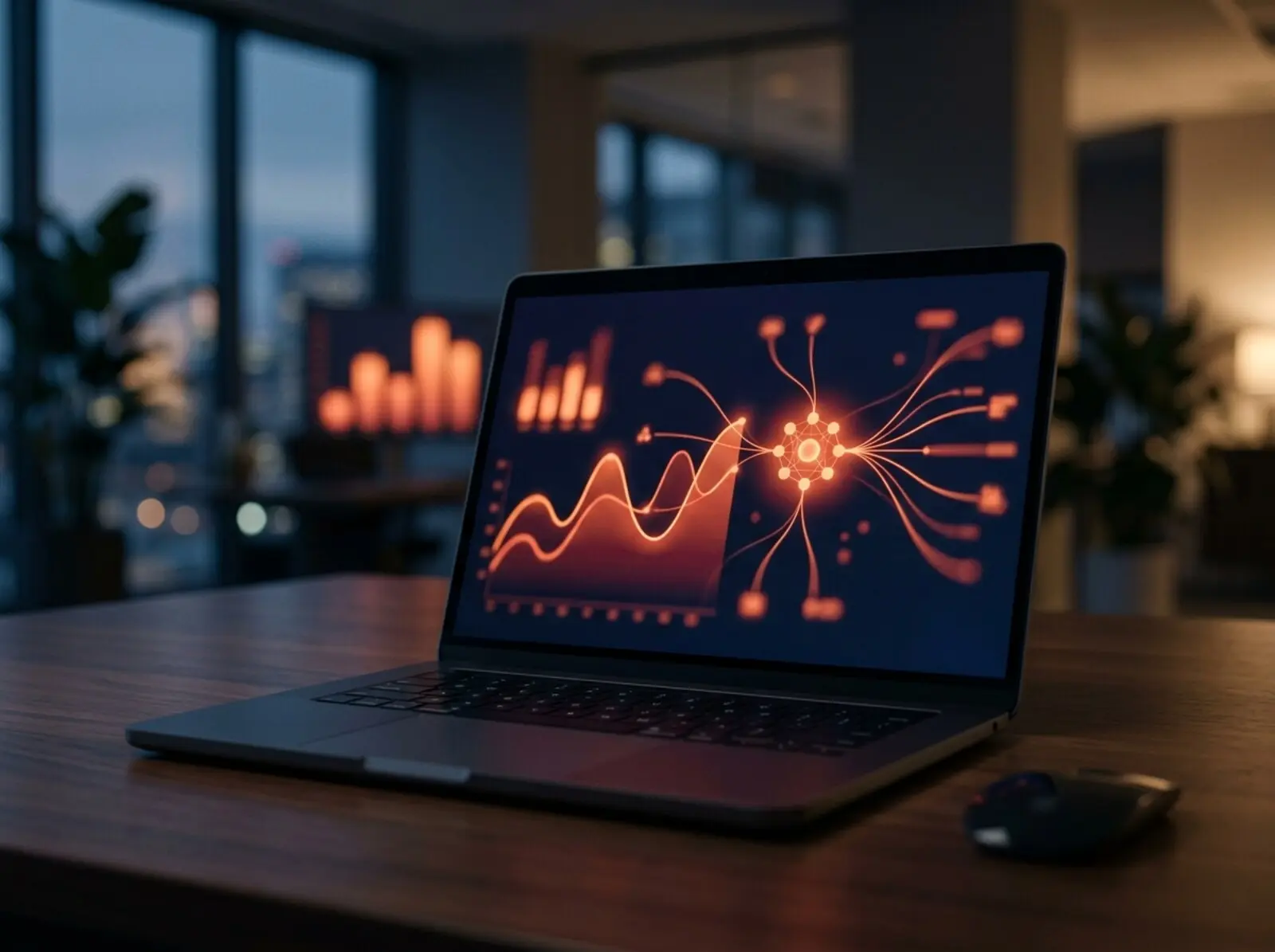 An analytics dashboard glowing on a laptop screen, showing data streams converging into one unified hub.
