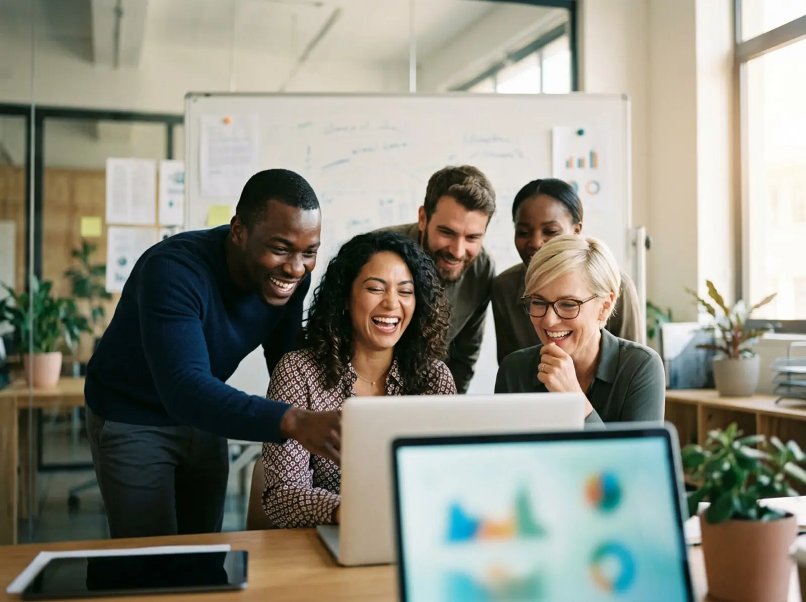 A marketing team celebrating a successful campaign result together around a laptop in a bright office.