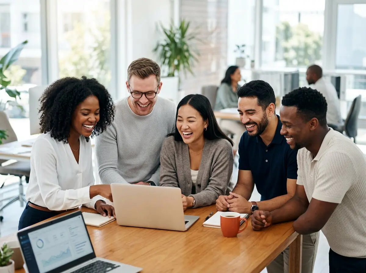 A group of 360 Media Direct colleagues gathered around a desk, laughing together at something on a laptop screen.