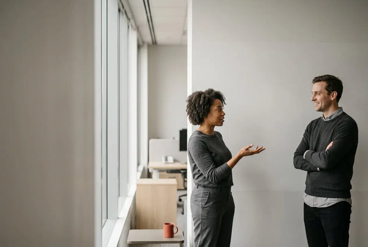 Two colleagues standing by an office window wall, one mid-sentence with an open hand, the other listening.