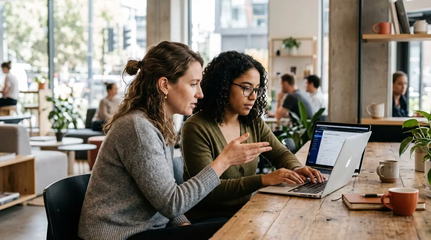 Two colleagues standing at a shared laptop, one gesturing mid-conversation, in a bright office.