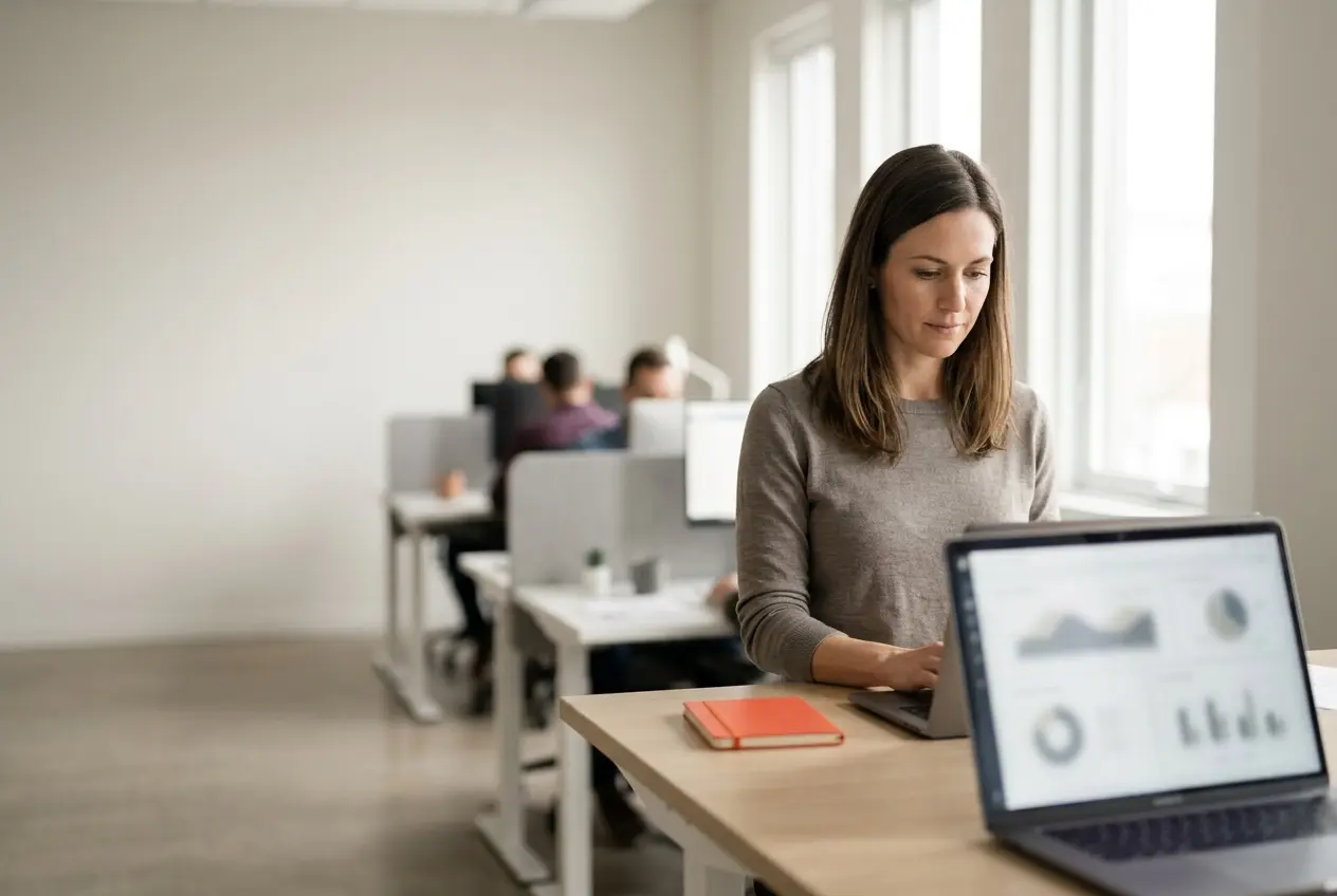 A woman at a standing desk reviewing a performance-analytics dashboard on her laptop in a bright office.