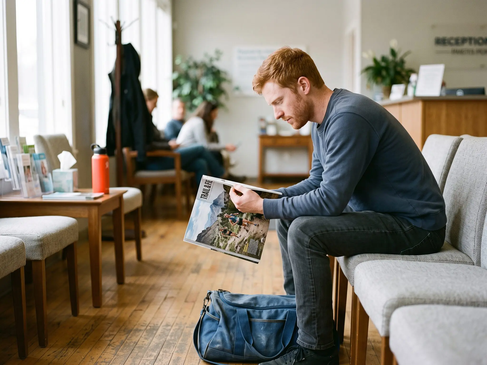 A man in a clinic waiting room leaning forward over an open magazine spread of trail runners, his gym bag at his feet.